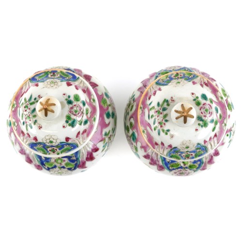 91 - A pair of Chinese famille rose porcelain baluster vases and covers, each with hand painted decoratio... 