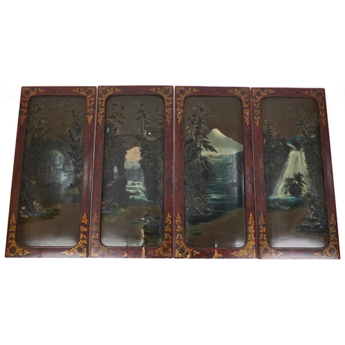 571A - A set of four Japanese lacquered hanging wall panels each decorated with different landscape scene, ... 