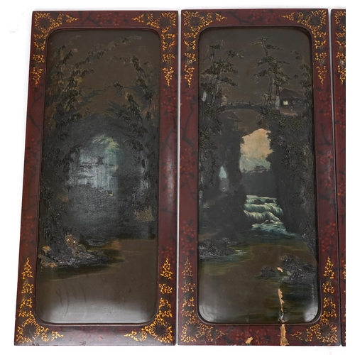 571A - A set of four Japanese lacquered hanging wall panels each decorated with different landscape scene, ... 