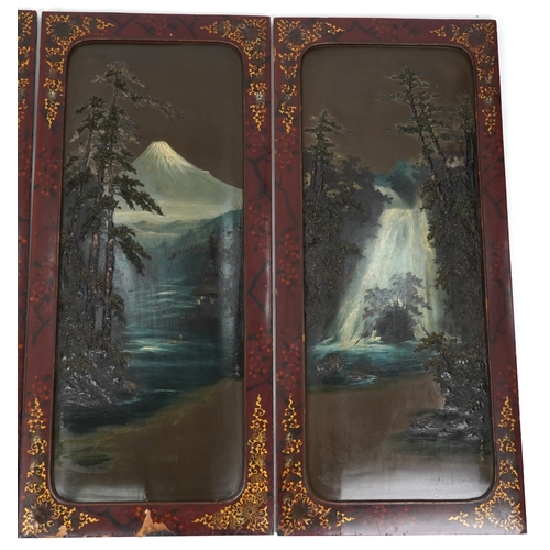 571A - A set of four Japanese lacquered hanging wall panels each decorated with different landscape scene, ... 