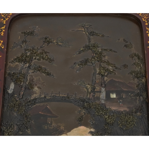 571A - A set of four Japanese lacquered hanging wall panels each decorated with different landscape scene, ... 