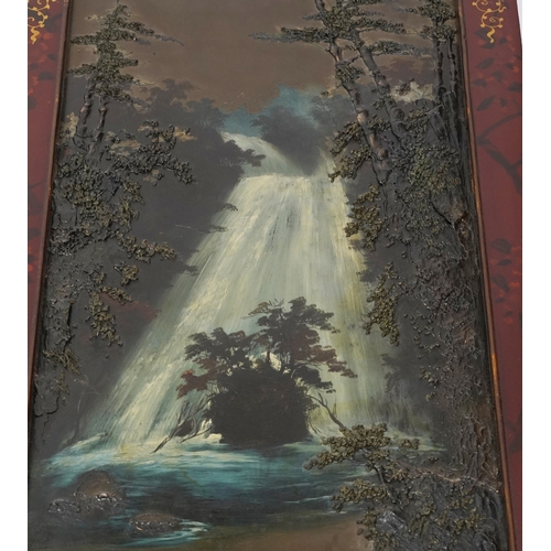571A - A set of four Japanese lacquered hanging wall panels each decorated with different landscape scene, ... 