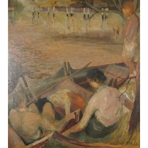 2496 - Salter - Figures on a boat, 20th century Impressionist school oil on board, within a pine frame, 92c... 