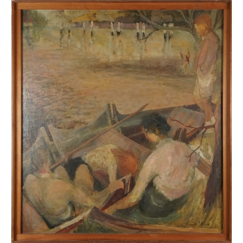 2496 - Salter - Figures on a boat, 20th century Impressionist school oil on board, within a pine frame, 92c... 