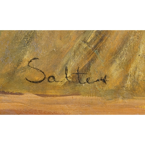 2496 - Salter - Figures on a boat, 20th century Impressionist school oil on board, within a pine frame, 92c... 