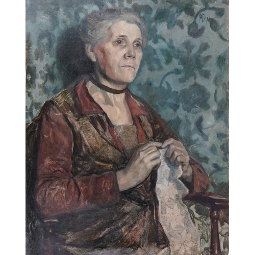 2464 - A half length portrait of a lady crocheting, mid 20th century oil on canvas, signed Miller, bearing ... 