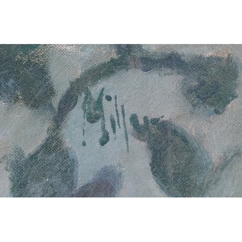 2464 - A half length portrait of a lady crocheting, mid 20th century oil on canvas, signed Miller, bearing ... 