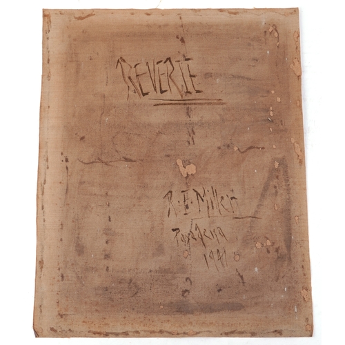 2464 - A half length portrait of a lady crocheting, mid 20th century oil on canvas, signed Miller, bearing ... 