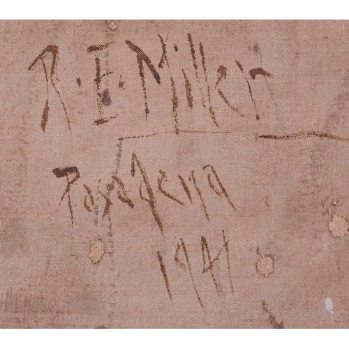 2464 - A half length portrait of a lady crocheting, mid 20th century oil on canvas, signed Miller, bearing ... 