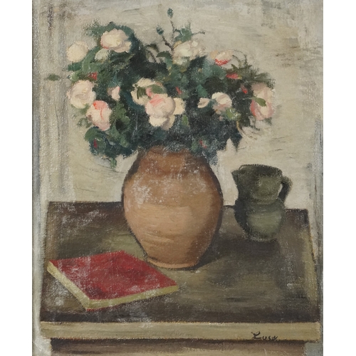 2412 - Still life vase of flowers, 20th century British school oil on canvas, indistinctly signed, within a... 