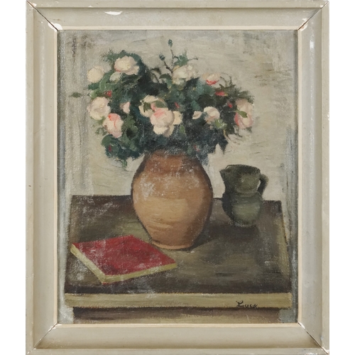 2412 - Still life vase of flowers, 20th century British school oil on canvas, indistinctly signed, within a... 