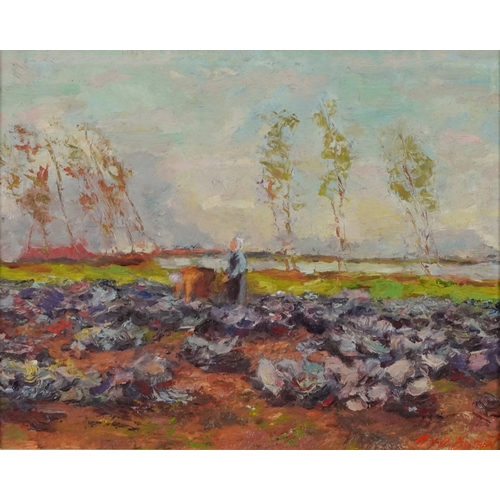 2411 - Figure within a landscape, 20th century continental school oil on board, indistinctly signed, within... 