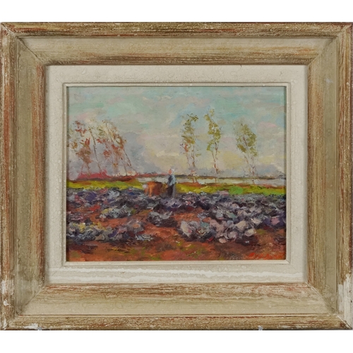 2411 - Figure within a landscape, 20th century continental school oil on board, indistinctly signed, within... 