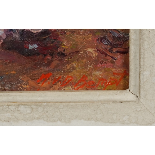 2411 - Figure within a landscape, 20th century continental school oil on board, indistinctly signed, within... 