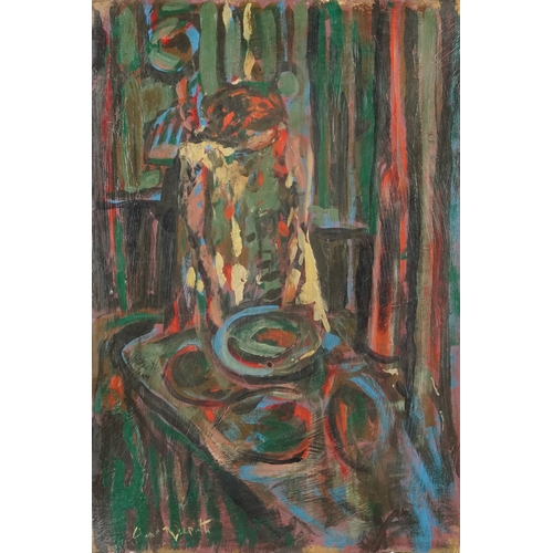 2427 - Abstract interior scene with a figure, 20th century continental school oil on board, indistinctly si... 