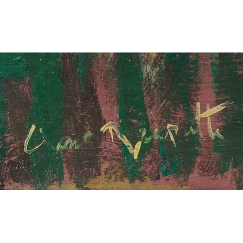 2427 - Abstract interior scene with a figure, 20th century continental school oil on board, indistinctly si... 