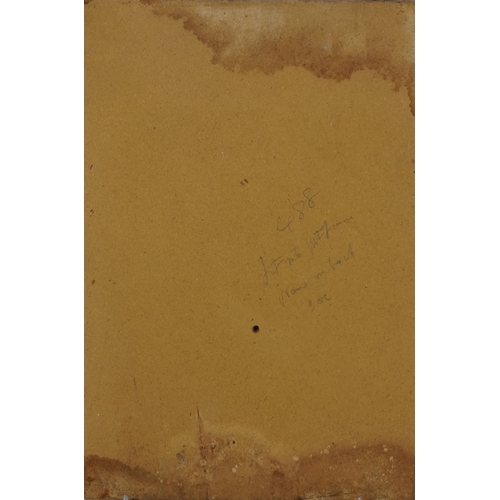 2427 - Abstract interior scene with a figure, 20th century continental school oil on board, indistinctly si... 