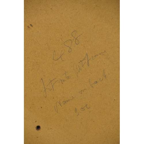 2427 - Abstract interior scene with a figure, 20th century continental school oil on board, indistinctly si... 