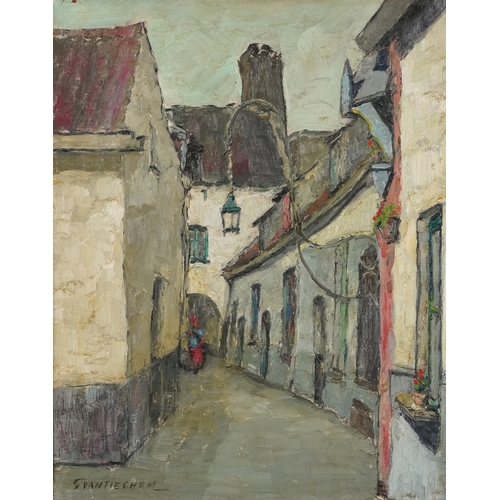 2333 - Street scene, 20th century continental school oil on canvas, signed, within a gilt frame, 49cm x 39c... 