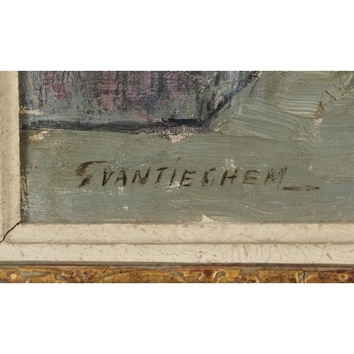 2333 - Street scene, 20th century continental school oil on canvas, signed, within a gilt frame, 49cm x 39c... 