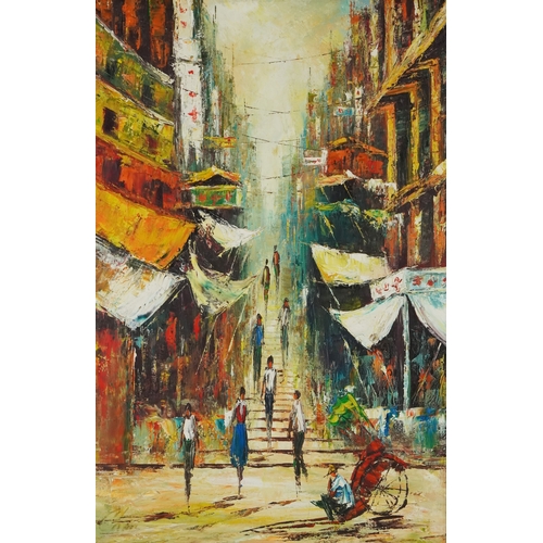 2495 - Chang - Ladder Street, late 20th century Asian school oil on canvas, framed, 88cm x 58cm.