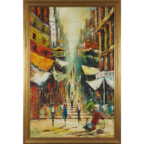 2495 - Chang - Ladder Street, late 20th century Asian school oil on canvas, framed, 88cm x 58cm.