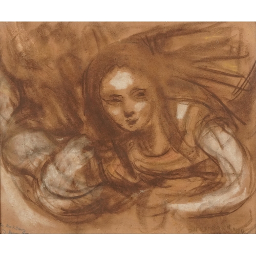 2429 - Mother and child, 20th century mixed media on paper, within a stained pine frame, 30cm x 36cm.