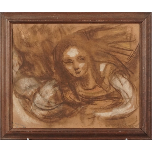 2429 - Mother and child, 20th century mixed media on paper, within a stained pine frame, 30cm x 36cm.