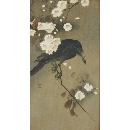 2453 - Crow and Blossom, a Japanese watercolour on paper within an ebonised frame, 33cm x 18cm.