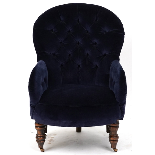 2093 - A 20th century Victorian style button back armchair upholstered in blue velour, 86cm high x 59cm wid... 