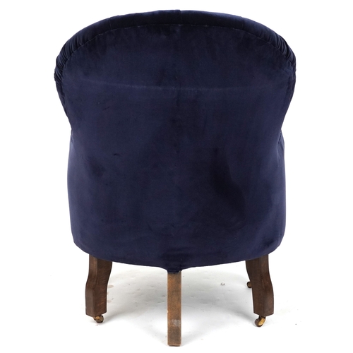 2093 - A 20th century Victorian style button back armchair upholstered in blue velour, 86cm high x 59cm wid... 