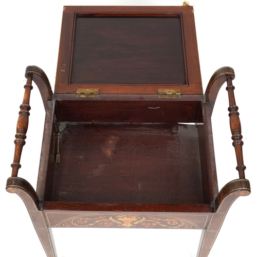 2183 - A late Victorian mahogany piano stool, the overstuffed hinged seat above an inlaid panel, raised on ... 
