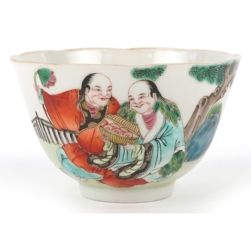 352 - A Chinese porcelain footed rice bowl with scalloped rim hand painted in the famille verte palette wi... 