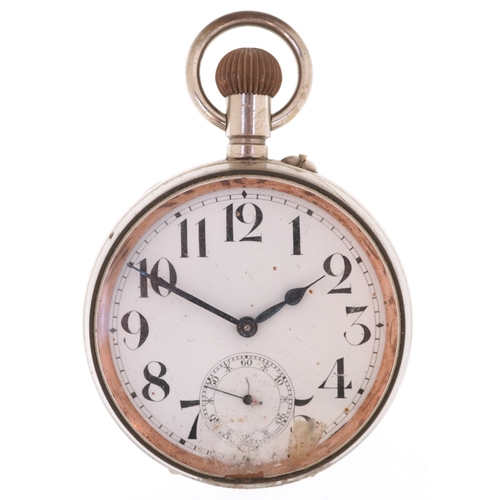 3673 - A gentlemen's silver plated oversized pocket watch having enamelled dial, housed in an Edwardian sil... 