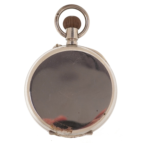 3673 - A gentlemen's silver plated oversized pocket watch having enamelled dial, housed in an Edwardian sil... 