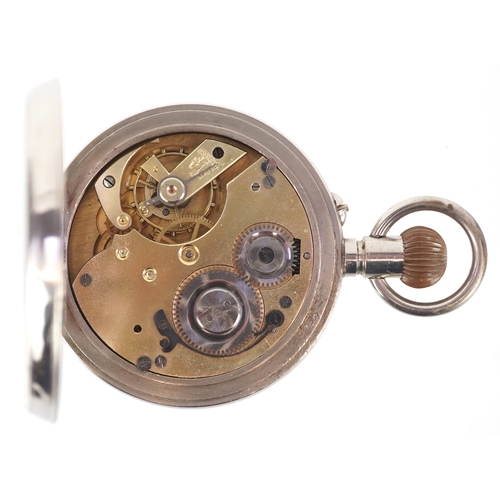 3673 - A gentlemen's silver plated oversized pocket watch having enamelled dial, housed in an Edwardian sil... 