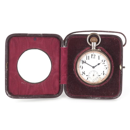 3673 - A gentlemen's silver plated oversized pocket watch having enamelled dial, housed in an Edwardian sil... 