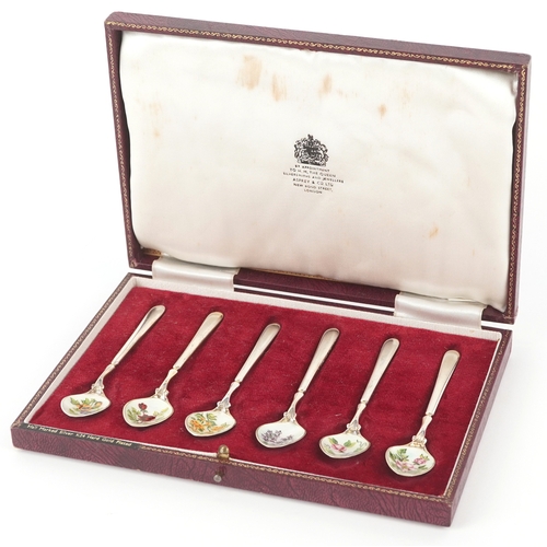 3612 - Cohen & Charles, a set of six silver and guilloche enamel teaspoons hand painted with flowers, house... 