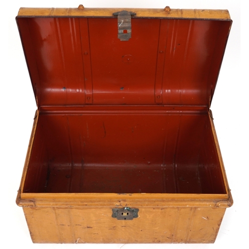2145 - An early 20th century scumbled tin travelling trunk with applied metal handles, 39cm H x 64cm W x 40... 