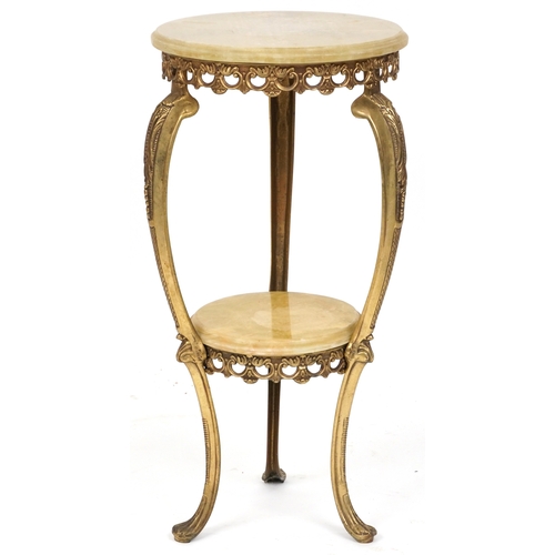 2135 - A late 20th century gilt metal and onyx two tier jardinière stand, 78cm high x 38cm in diameter.