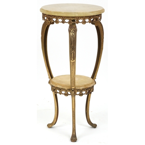 2135 - A late 20th century gilt metal and onyx two tier jardinière stand, 78cm high x 38cm in diameter.