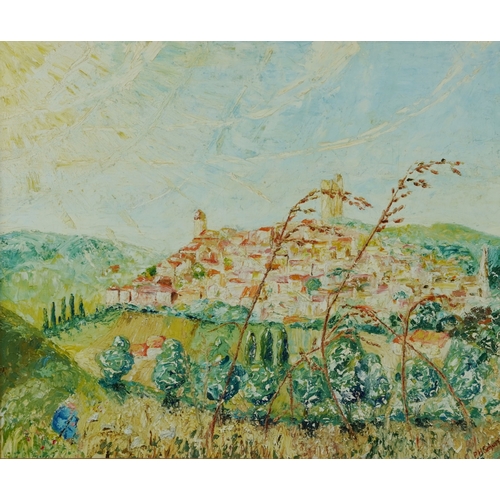 2331 - Hilltop town, 20th century continental school impasto oil on board, indistinctly signed, within a pi... 