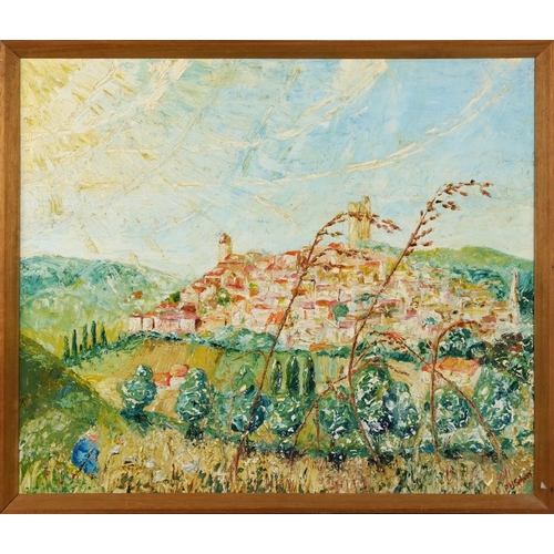 2331 - Hilltop town, 20th century continental school impasto oil on board, indistinctly signed, within a pi... 