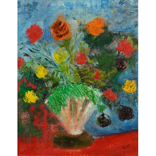 2425 - Abstract still life vase of flowers, 20th century continental school impasto oil on board, initialle... 