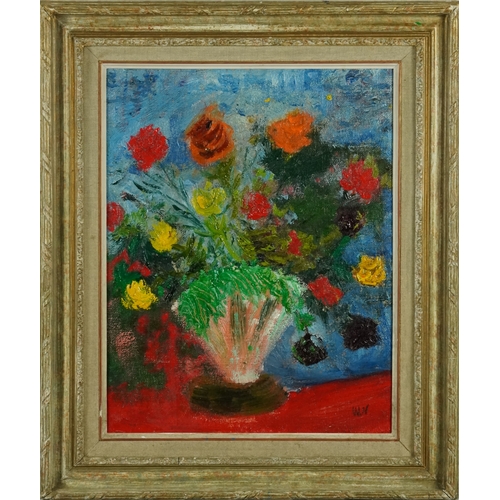 2425 - Abstract still life vase of flowers, 20th century continental school impasto oil on board, initialle... 