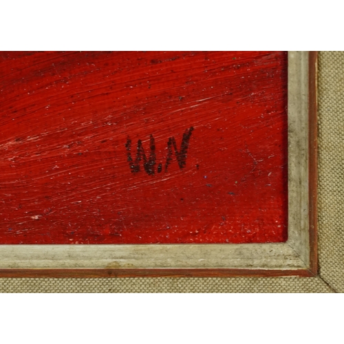 2425 - Abstract still life vase of flowers, 20th century continental school impasto oil on board, initialle... 