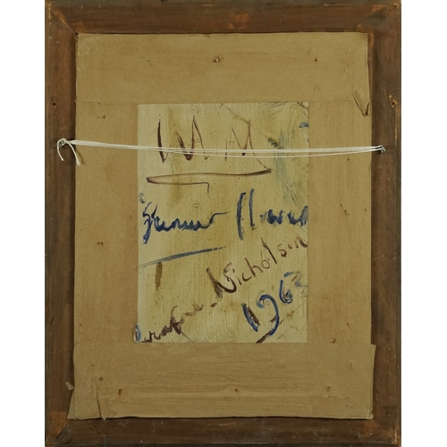 2425 - Abstract still life vase of flowers, 20th century continental school impasto oil on board, initialle... 