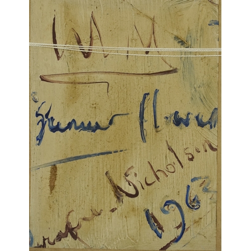 2425 - Abstract still life vase of flowers, 20th century continental school impasto oil on board, initialle... 