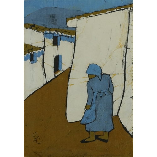 2546 - Figure in a street, 20th century Middle Eastern school mixed media on cotton, initialled JM, framed ... 