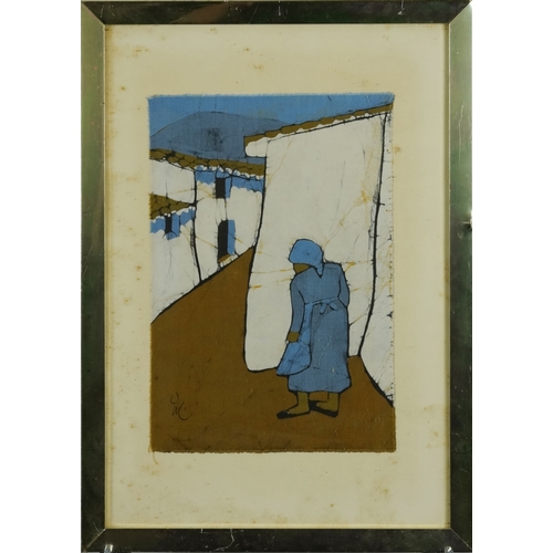 2546 - Figure in a street, 20th century Middle Eastern school mixed media on cotton, initialled JM, framed ... 